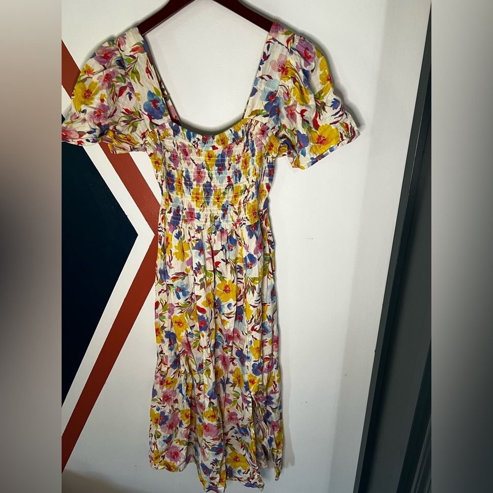 GAP Floral Smocked Midi Dress in White with Yellow, Blue & Pink